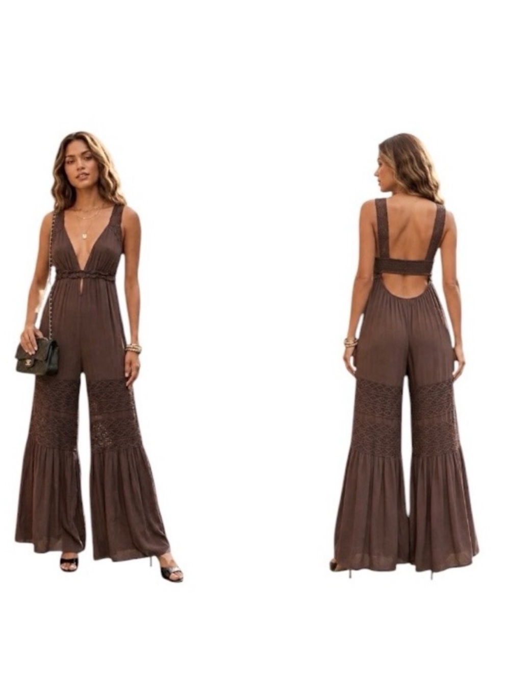 Forever 21 Brown Crochet-Panel Wide Leg Jumpsuit